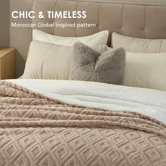 EverGrace Jacquard Reversible Sherpa Throw Blanket, 90" x 90", Khaki Tan | Jacquard Sherpa Throw Blanket, Super Soft, Cozy Plush Blanket, Reversible Thick Warm Throw for Bed, Sofa, Living Room