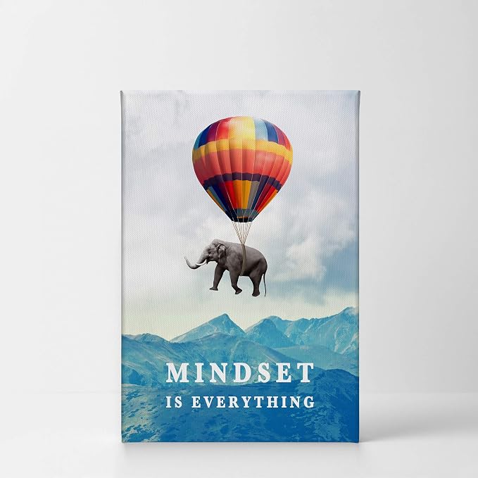 Smile Art Design Mindset is Everything Quote Elephant with Balloon Motivational Wall Art Canvas Print Inspirational Wall Art Entrepreneur Quote Office Living Room Decor Gift Ready to Hang 17x11