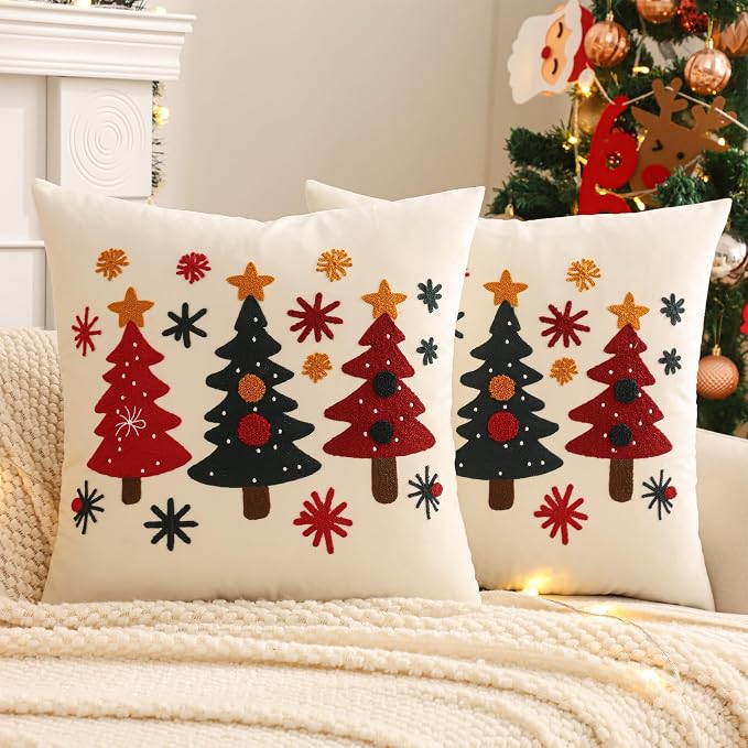 Christmas Throw Pillow Covers 18x18 Set of 2 Green and Red Trees