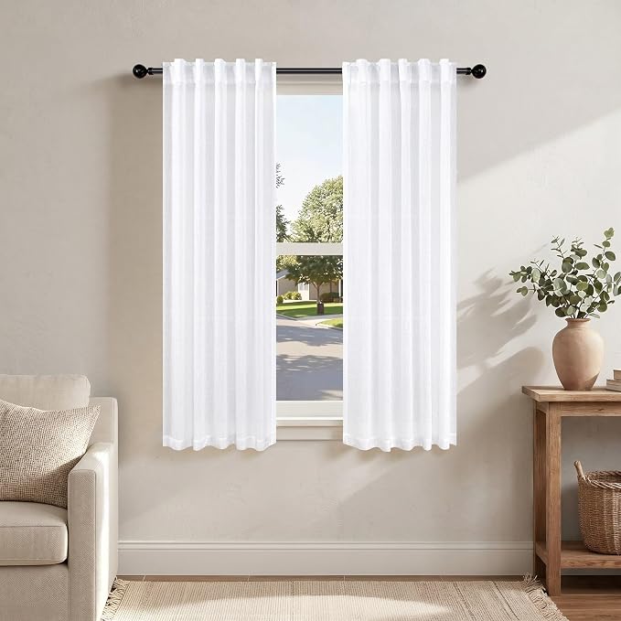 Pitalk White Curtains 38 Inch Width for Kitchen Windows 2 Panel Back Tab Rod Pocket Linen Cafe Tier Light Filtering Short Sheer Curtains for Bathroom Laundry Basement Farmhouse Decor Wide 38x45 Length