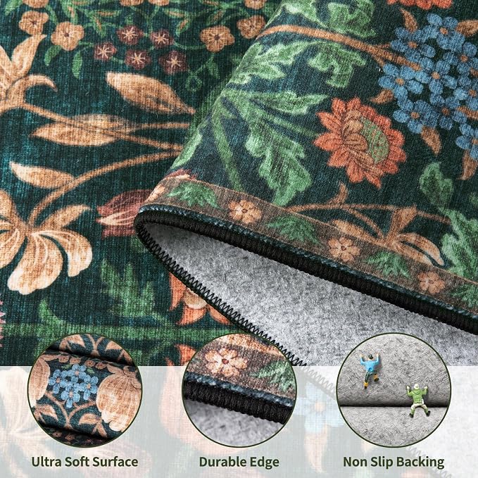 Ciicool 2x6 Runner Rug Non Slip，Floral Washable Kitchen Rugs for Hallways | Entryway Rug for Laundry Bedroom Bathroom Bedside,Boho Soft Low Pile Carpet Indoor Floor Mat Decor