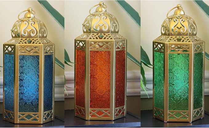 VELA LANTERNS 12" Gold Metal Moroccan Decorative Candle Lantern Holder for Hanging or Table Centerpieces, Exotic Indoor Home Decor, Outdoor Patio or Porch, Weddings, Ramadan, Assorted, Large, 6-Pack