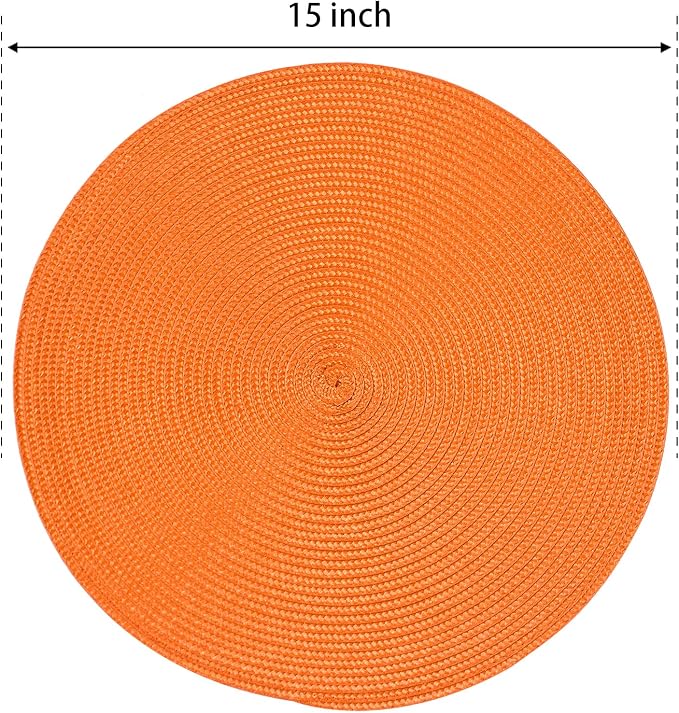 FunWheat Round Braided Placemats Set of 6 Table Mats for Dining Tables Woven Washable Non-Slip Place mats 15 inch(Orange, 6pcs)