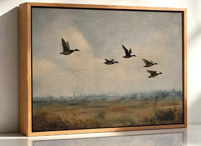 Framed-Vintage Flying Duck Canvas Wall Art-8x10in | Duck Hunting Picture Poster Print,Retro Wild Duck Painting Artwork for Bedroom Living Room Wall Decor