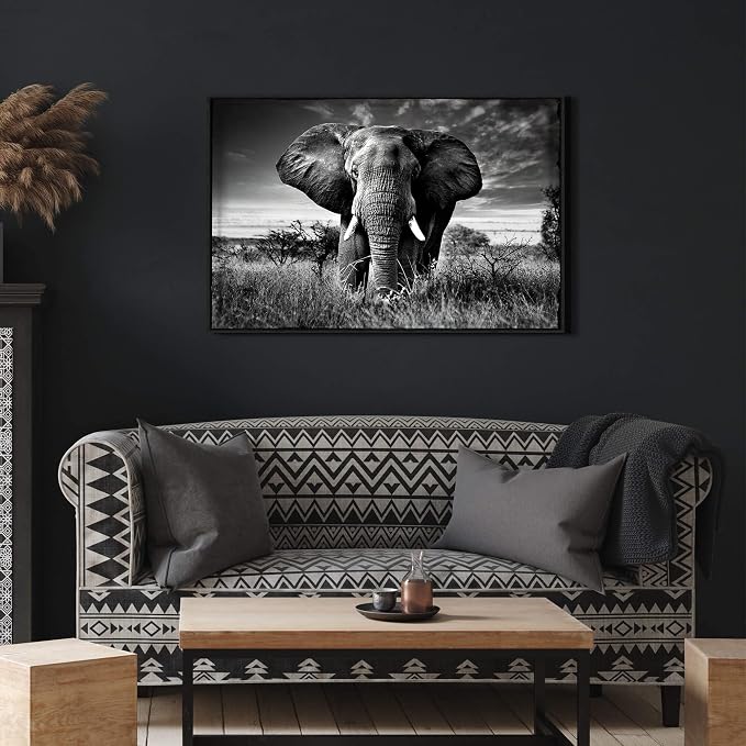 Framed Elephant Picture Wall Decor: Black White African Animals Painting Tropical Wildlife Prints Nature Artwork For Bedroom Living Room 45x30