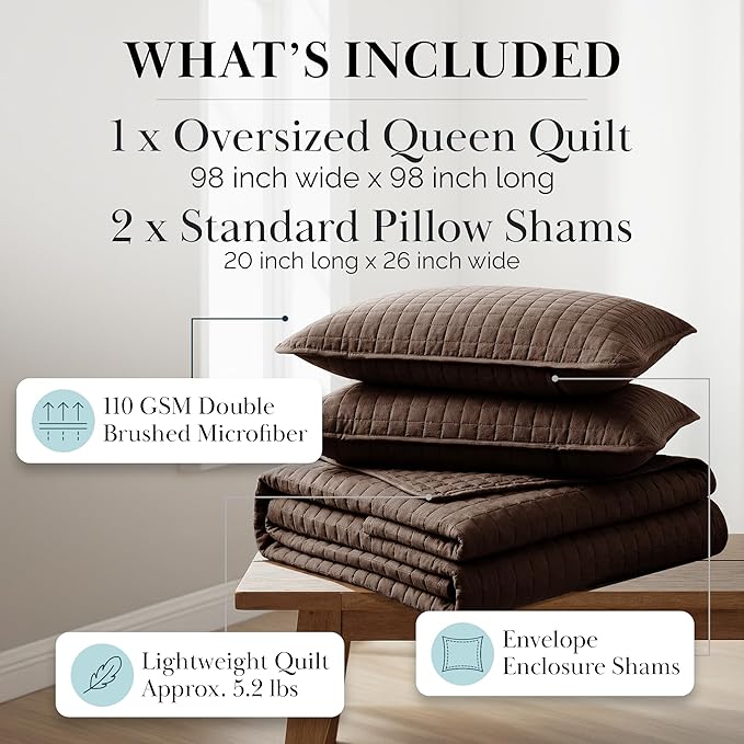 Southshore Fine Living, Inc. Full/Queen Quilt Bedding Set, Comfy Microfiber Coverlet, Queen Size Bedspread, Pet Hair Resistant Bedding, Full Size Bedspread w/2 Shams, Chocolate Brown Quilt