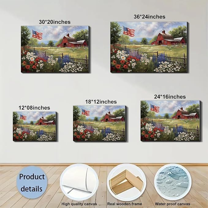 Framed Rustic American Flag Red Barn Wall Art, Patriotic Farmhouse Canvas Art Pictures, USA Flag Wall Decor for Living Room Kitchen Entryway, Ready to Hang Made in USA