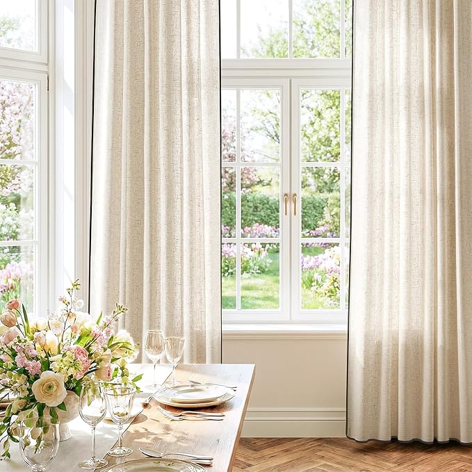 jinchan Beige Linen Curtains with Black Trim Back Tab 50 x 90 Inch 2 Panels | Semi sheer light filtering, modern farmhouse curtains for living room and bedroom, back tab rod pocket, machine washable