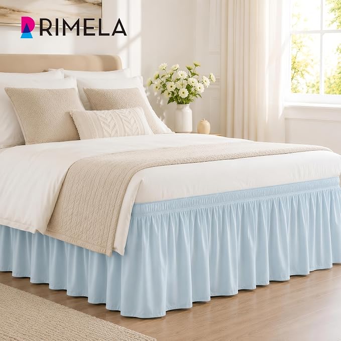 Blue Bed Skirt King Size 18 Inch Drop, Elastic Wrap Around Bedskirt | Solid Ruffled, Easy to Use, No Mattress Lifting, Wrinkle & Fade Resistant, with Adhesive Strips, Machine Wash/Dry/Iron