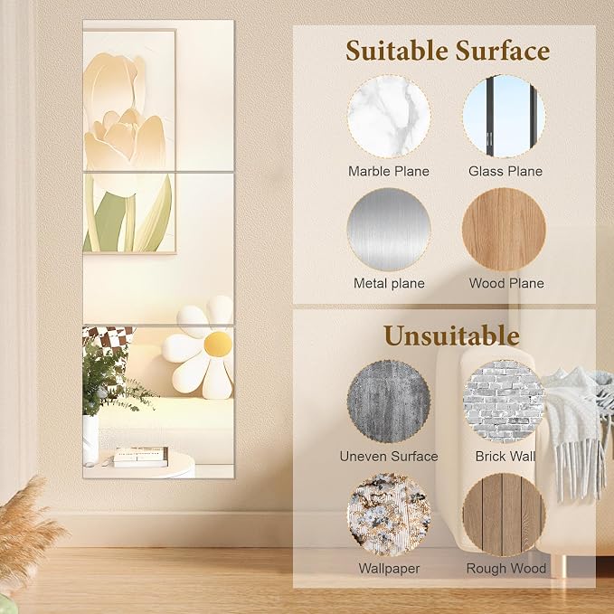18x18 in Acrylic Mirror Sheet for Wall, 2.5mm Plastic Wall Mirror | Non Glass Body Mirror Tile with Adhesive Tapes, Modern Decorative Square Wall Mirror for Bathroom Bedroom Home Gym Door Decor
