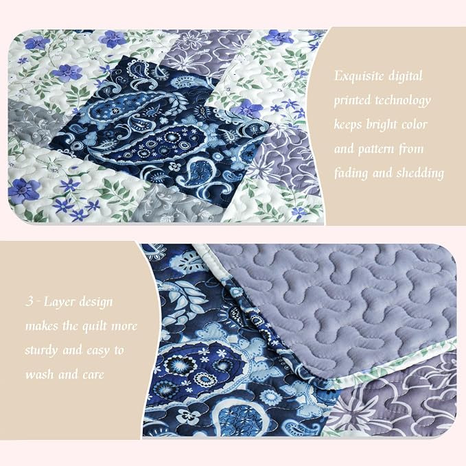 Whale Flotilla Patchwork Quilts Twin Size, Extra Soft Floral Bedspreads | Paisley Flowers Reversible Lightweight Twin Quilt Bedding Set for Bed, Printed Coverlets with 1 Pillow Sham for All Seasons