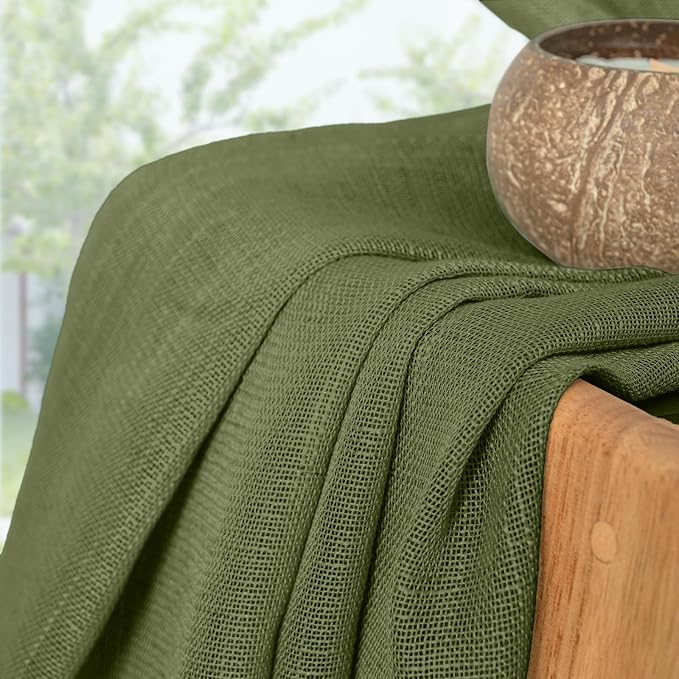 YoungsTex Olive Green Linen Curtains 40 Inch Length - Short Light Filtering Drapes Semi Sheer with Back Tab Rod Pocket for Bathroom Kitchen Window, 2 Panels, 42 X 40 Inch