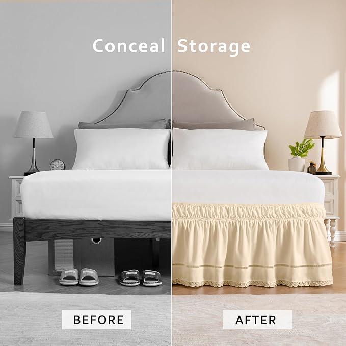 MIYE Wrap Around Ruffled Lace Bed Skirt, Elastic Dust Ruffle with Adjustable Belts, Easy to Put On, Bed Frame Cover, Machine Washable (Floral Lace/Light Beige, King/Queen-12.5" Drop)