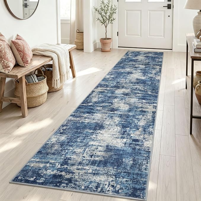Lansny Abstract Washable 2x10 Runner Rug Runners for Hallways Non Slip | Blue;Thin Printed Faux Wool Entryway Runner Indoor;Hallway Runner Rug;Rubber Backed 10ft Floor Carpet Runners;Bedroom Runners