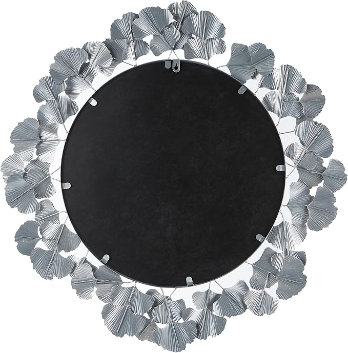 Martha Stewart Wall Décor Large Gingko Leaf Round Wall Mirror for Living Room, Iron Metal Plate Frame Antique Finish, Ready to Hang Bedroom Decoration, Eden, 30.5", Silver