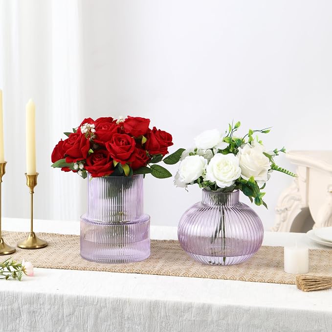 Ribbed Glass Vases, Set of 2 Fluted Vases for Flowers, Purple Glass Vase for Tulips, Modern Vase for Living Room, Kitchen, Office, Entryway, Mantle, Bookshelf, Wedding Gifts, Birthday