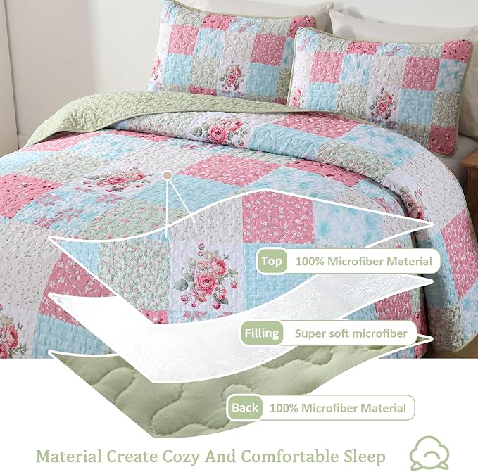 Mybedsoul Boho Quilt King Size, Patchwork Floral Bedding Set, Blue Pink | Soft Lightweight Microfiber Coverlet Set, 3 Pieces Plaid Reversible Bedspread, Bed Sets for All Seasons 90"x110"