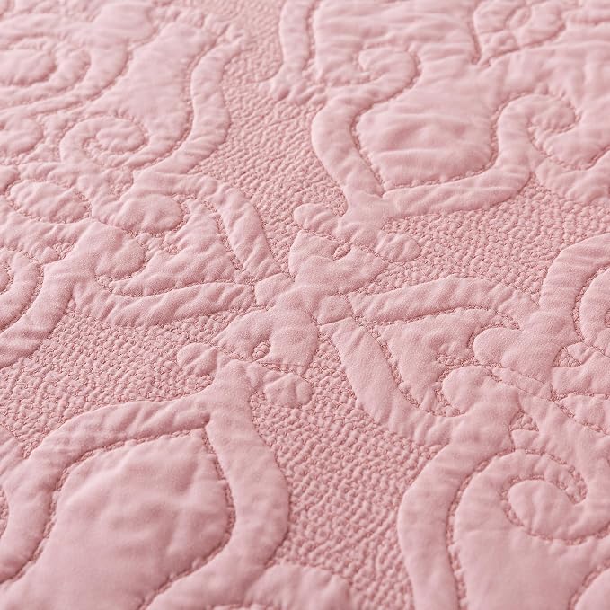 NEWLAKE Quilt Bedspread Set, Pink Jacquard Embossed Floral Pattern Reversible Embroidered Microfiber Coverlet Sets, Queen Size