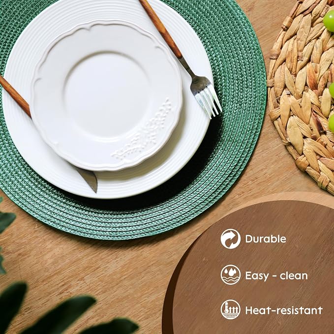 FunWheat Round Braided Placemats Set of 8 Table Mats for Dining Tables Woven Washable Non-Slip Place mats 15 inch(Black Green,8pcs)