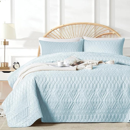 akkialla Twin Size Quilt Bedding Set,Sky Blue Lightweight Microfiber Soft Bedspreads,Modern Style Geoetric Pattern Coverlet Set for All Seasons,2 Piece(1 Quilt,1Pillow Sham)