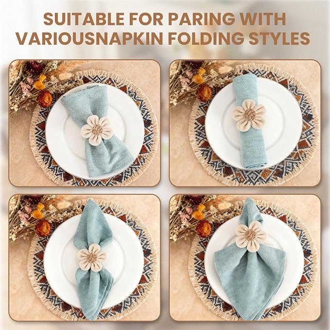 Napkin Rings Set of 12 Handmade Rustic Napkin Rings Reusable Boho Napkin Ring for Elegant Dining Table Decoration Perfect for Christmas, Thanksgiving, Wedding, Holiday, Everyday Use