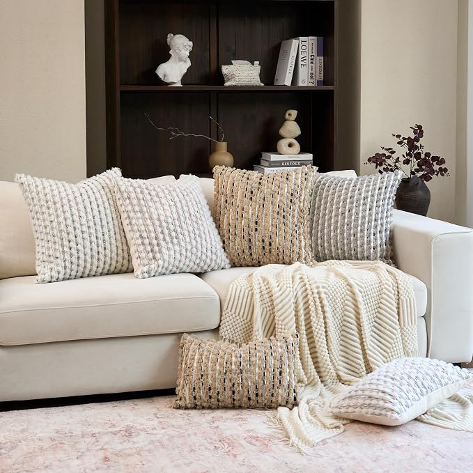 Aeckself Handmade Boho Chenille Tufted Pillow Cover 18x18 Inch, Decorative Square Throw Pillow Cover Neutral Pillowcase for Couch Bedroom Living Room, Grey White