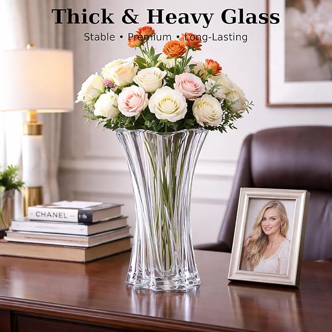 Crystal Glass Vase – Heavy Crystal Vase for Flowers with Weighted Bottom, Thick Durable Decorative Vases for Modern Home Decor, 9.8″ 3.5lb Clear Centerpiece (Transparent)