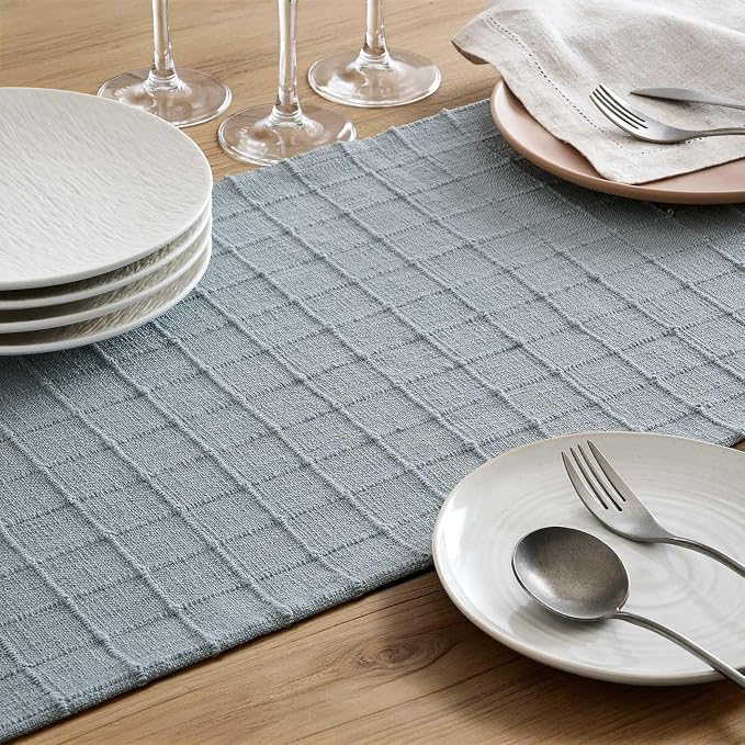 ZeeMart Artisanal Grid Linen Table Runner, 13x36 Inches Chambray | Heavy Textured, Durable Thick Fabric, Farmhouse Handwoven Feel Linen Runner, Easy Care Table Decor for Kitchen Dining Room