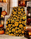 Halloween Fleece Throw Blanket, Cute Scary Jack-O-Lanterns on Black, 50x60 | Ultra-soft cozy flannel fleece, for sofa bed couch chair & dorms, spooky Halloween décor, durable and machine washable.