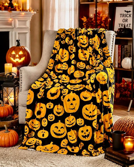 Halloween Fleece Throw Blanket, Cute Scary Jack-O-Lanterns on Black, 50x60 | Ultra-soft cozy flannel fleece, for sofa bed couch chair & dorms, spooky Halloween décor, durable and machine washable.