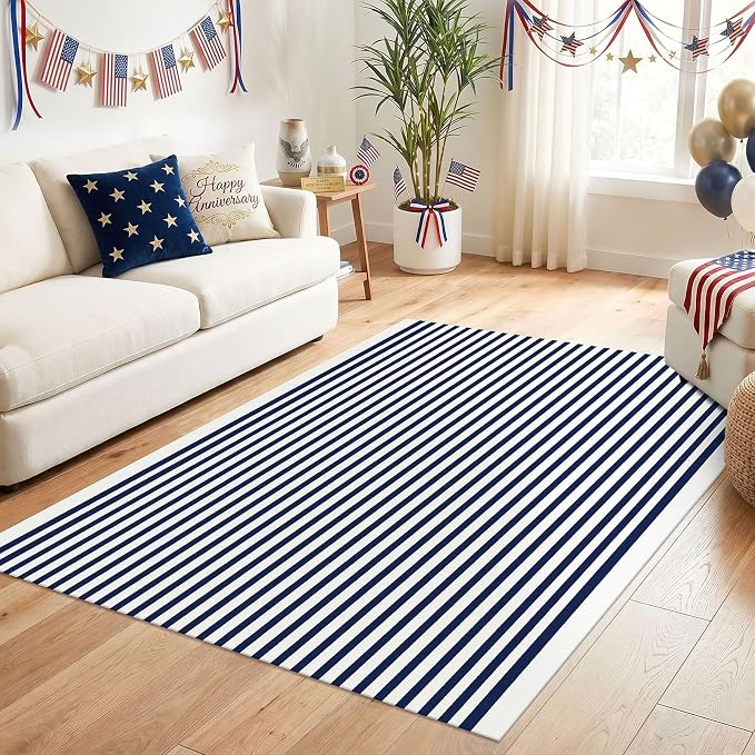 KILOCOCO Blue White Striped Rug 4x6 ft Front Door Mat Outdoor Washable Rug