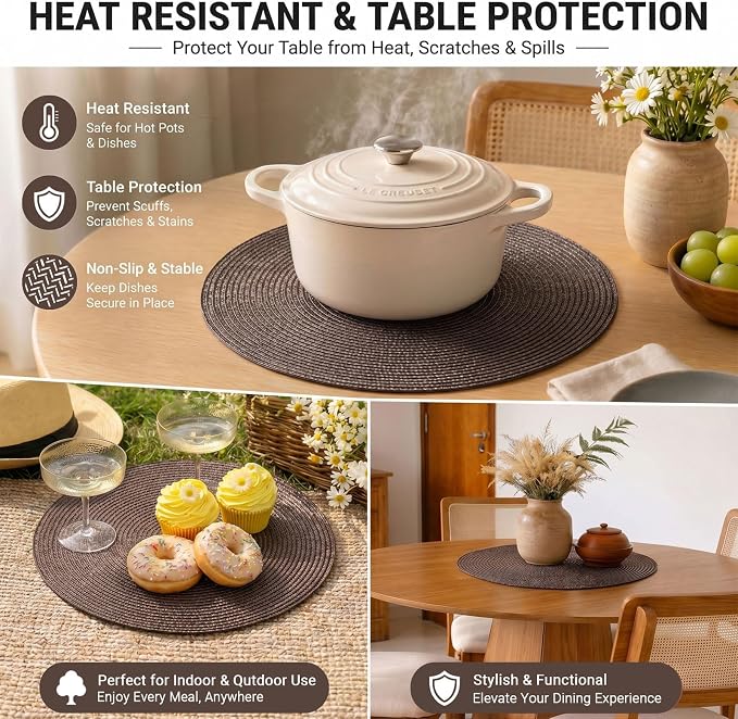 FunWheat Round Braided Placemats Set of 6 Table Mats for Dining Tables Woven Washable Non-Slip Place mats 15 inch (Brown, 6pcs)