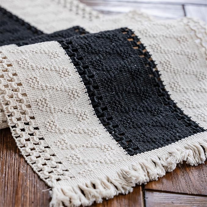 Macrame Table Runner Beige and Black Boho Table Runners with Tassels 12x71 | Alynsehom Hand Woven Cotton Table Runner Rustic Farmhouse Table Runners for Bohemian Kitchen Dining Table