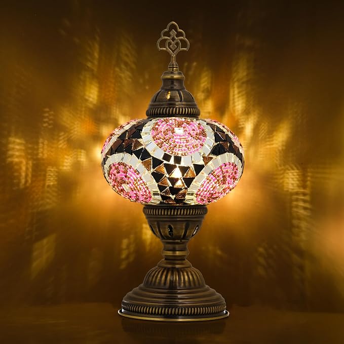 Turkish Lamp, Mosaic Table Lamp, Antique Moroccan Decorative Glass Bohemian Vintage Lamp Shade, Small Desk Tiffany Bedside Stained Glass Lamp with US Plug and E12 Socket