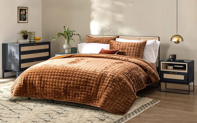 RECYCO Channel Box Stitch Velvet Quilt Set, Queen Size, Rusty Burnt Orange | Ultra Soft Lightweight Velvet Comforter, Luxury Oversized Bedspread Coverlet, Quilted Bedding Set for All Season with 2 Shams