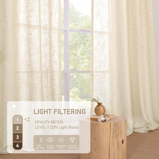 Beige Linen Sheer Curtains 84 Inch Length for Living Room 2 Panels | Light Filtering, Boho, Bedroom Window Curtains, Neutral Thick Drapes for Farmhouse, Bronze Grommet Panels, 52 X 84 Inch