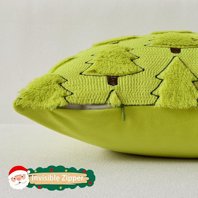 UGASA Christmas Tree Pillow Covers 18x18 Inch Set of 2 Soft Plush Faux Fur Luxury Embroidery Decoration Pillowcases for Couch Sofa Holiday Festivals Winter Xmas Gift, Green
