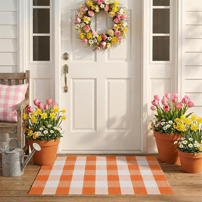 Buffalo Plaid Area Rug, Checkered Rug 3x5 Ft, Orange and White Rug, Washable Cotton Mat for Front Porch, Entryway, Kitchen, Living Room, Fall Decor