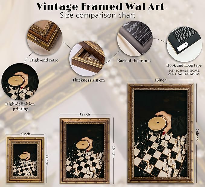 Vintage Gold Framed Martini Bar Wall Art, Moody Cocktail and Chess Canvas Print, Dark Espresso Martini Painting Picture, Chessboard Aesthetic Poster Print Artwork for Kitchen Dining Room Home Bar
