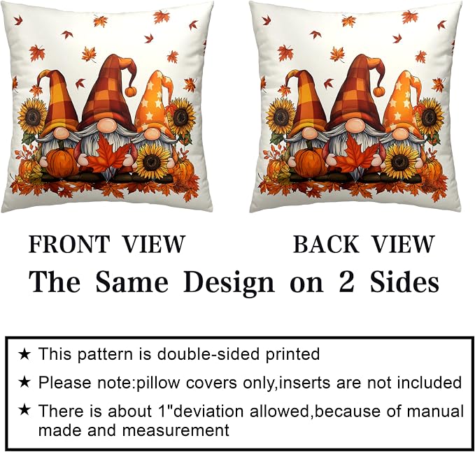 Fall Gnome Pillow Covers 22x22 Set of 2 Pumpkin Sunflower Maple Leaves Throw Pillow Covers Autumn Pillow Case Thanksgiving Cushion Case for Home Decor Couch Sofa