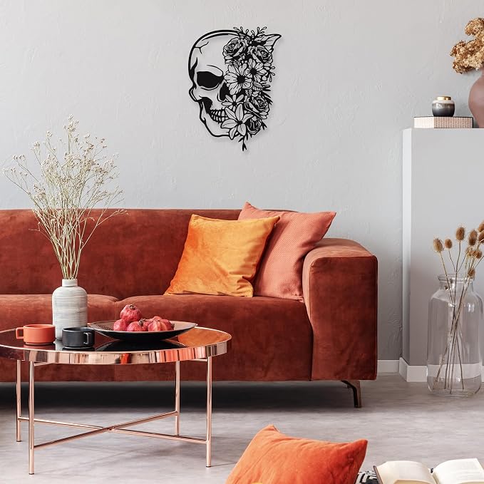 Rajukit Skull Wall Decor with Floral, Gothic | 3D metal skeleton with flowers; waterproof 14.4x10.7in; for bedroom, gothic room, patio; year-round goth/halloween; gift