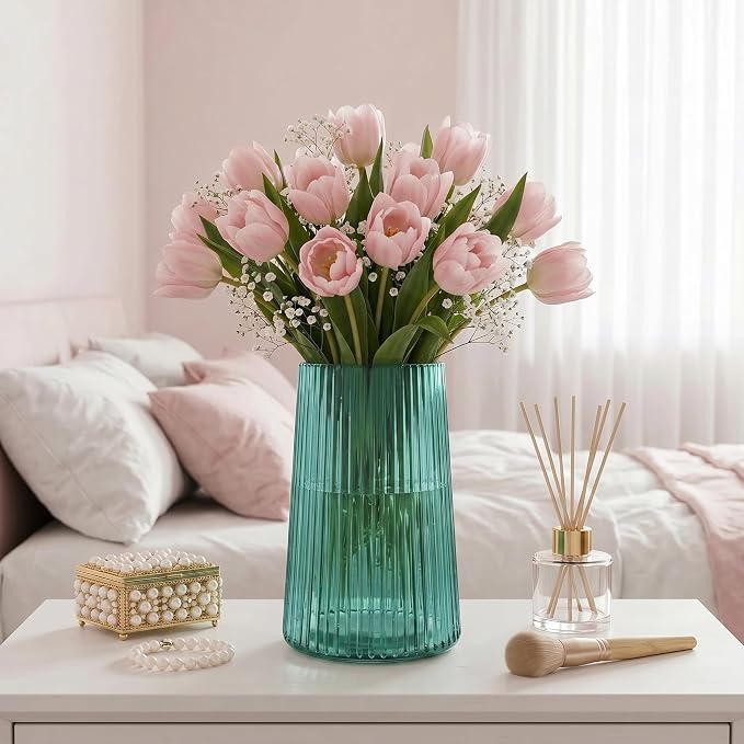 Green Glass Vase for Flower, Flower Vase for Bouquet, Modern Glass Vases, Ribbed Vases for Living Room, Bedroom, Dining Table, Office, Wedding, Centerpieces, 8 Inches