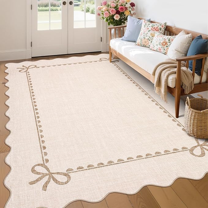 COZYLOOM Machine Washable Area Rugs 6x9 Scalloped Rug for Kids Room Non Slip Non Shedding Bow Bordered Carpet Stain Resistant Low Pile Soft Farmhouse Mats for Living Room, Bedroom, Dining Room, Beige