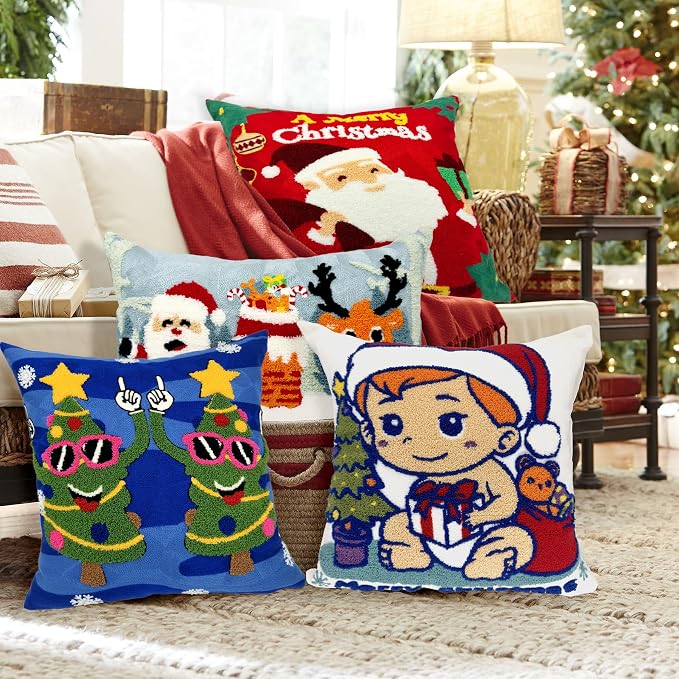 Alysheer Christmas Santa Deer Lumbar Decorative Throw Pillow Cover 12"x 20",Tufted Embroidered Pattern Cozy Cotton Cushion Case for Sofa Couch Living Room Holiday Decor
