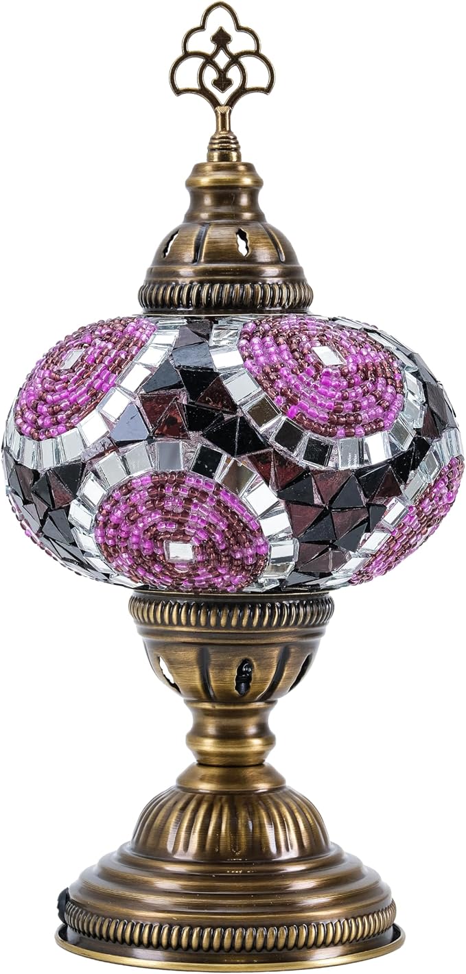 Turkish Lamp, Mosaic Table Lamp, Antique Moroccan Decorative Glass Bohemian Vintage Lamp Shade, Small Desk Tiffany Bedside Stained Glass Lamp with US Plug and E12 Socket
