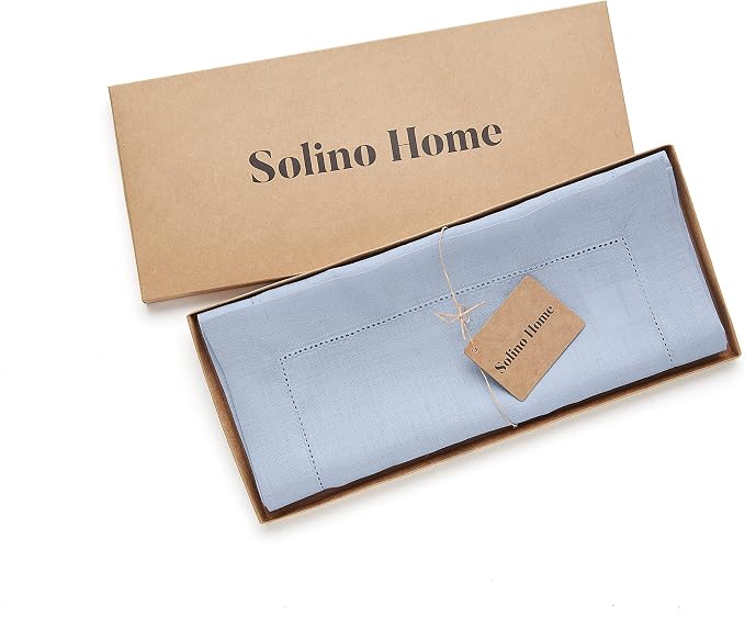Solino Home 100% Pure Linen Table Runner Sky Blue Hemstitch, 14 x 72 in | Classic Hemstitch, a graceful centrepiece for dining and gatherings, hemstitched border, mitered corners, OEKO-TEX Certified