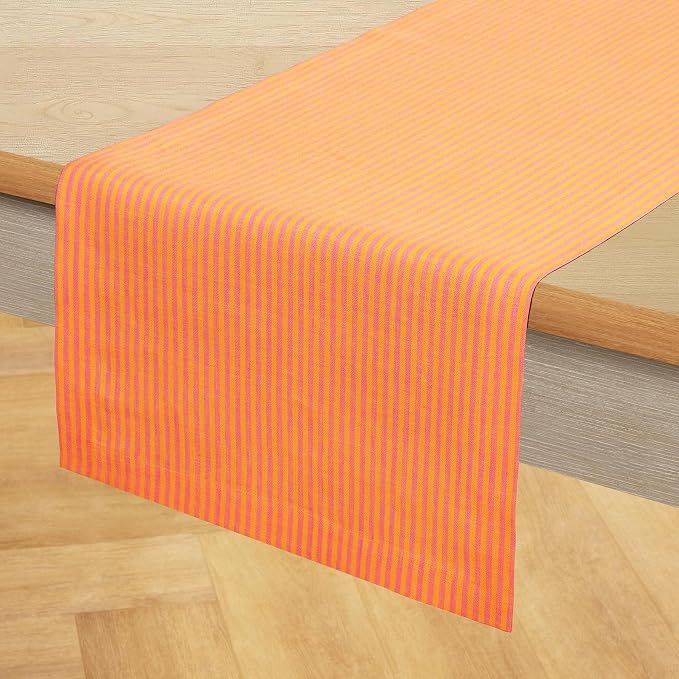 Solino Home 100% Linen Table Runner, 14 x 72 in, Pink and Orange Striped | Narrow Stripe, a graceful centrepiece for dining and gatherings, woven stripe, European flax fibres, soft, OEKO-TEX Certified
