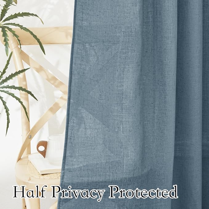 RYB HOME Linen Textured Semi Sheer Curtains 63 inches Long for Living Room | Half Privacy, Light Filtering, Faux Linen Blend, Office Nursery Dorm Bathroom, Stone Blue, W52 x L63, 1 Pair