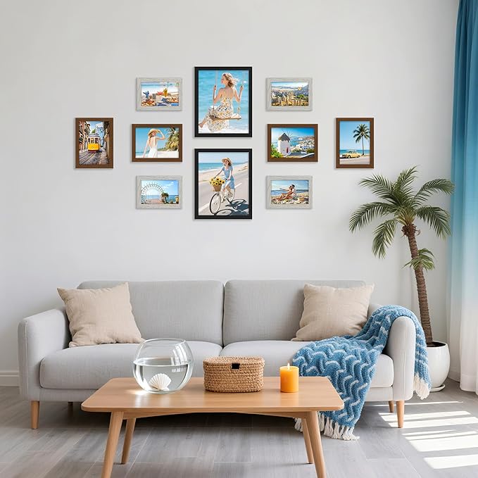 decorUhome 10 Pack Assorted Picture Frame Set for Wall & Tabletop, P0710MT | Black / Brown / Grey, Multi Size Picture Frame Includes Two 8x10 / Four 5x7 / Four 4x6 for Family Gallery Wall