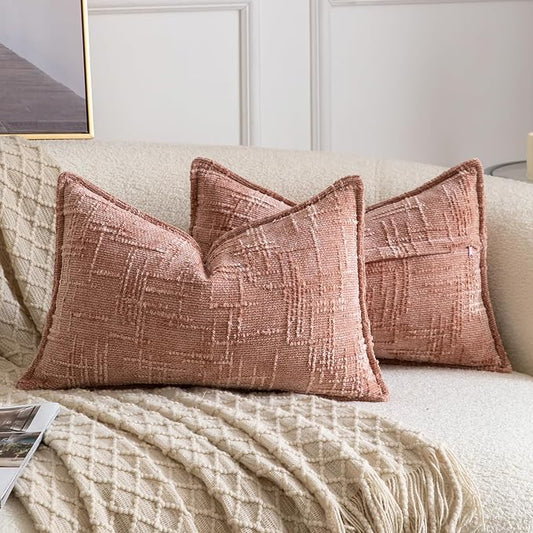 MADIZZ Pack of 2 Chenille Throw Pillow Covers 12x20 Inch Pink Soft Neutral Decorative Throw Pillows for Couch Sofa Boho Accent Cushion Covers Modern Farmhouse Home Decor for Bedroom Living Room